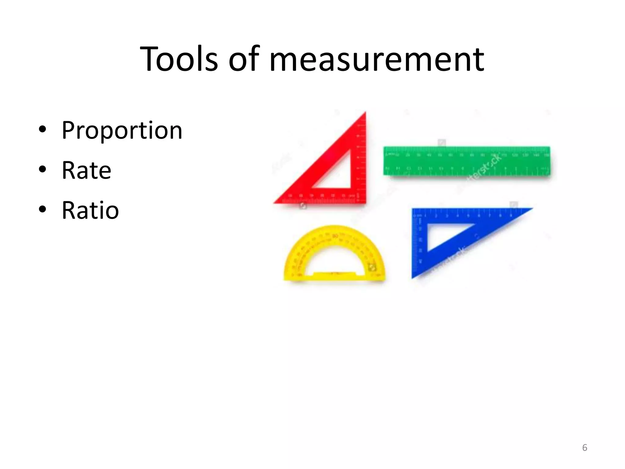Tools of measurement
• Proportion
• Rate
• Ratio
6
 