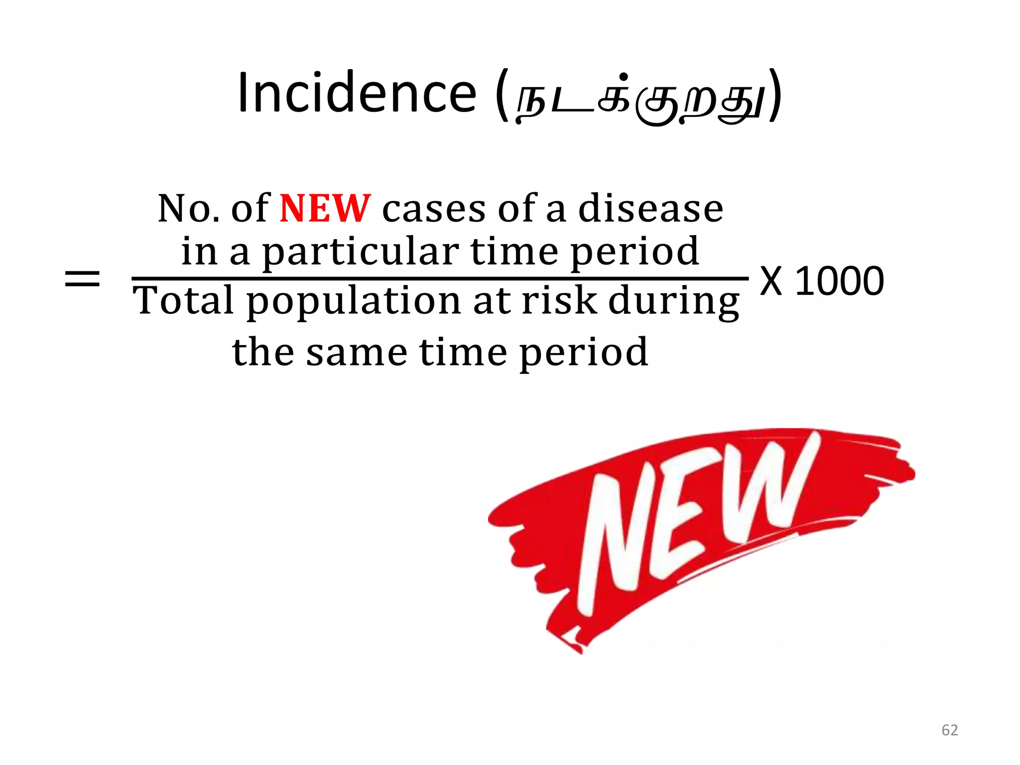 Incidence (நடக்குறது)
62
=
No. of 𝐍𝐄𝐖 cases of a disease
in a particular time period
Total population at risk during
the same time period
X 1000
 