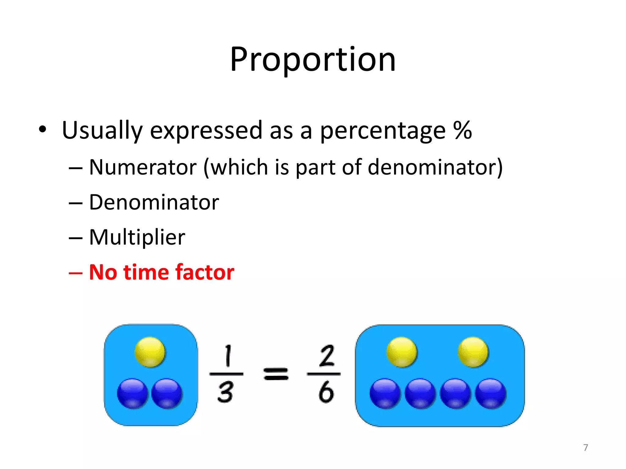 Proportion
• Usually expressed as a percentage %
– Numerator (which is part of denominator)
– Denominator
– Multiplier
– No time factor
7
 