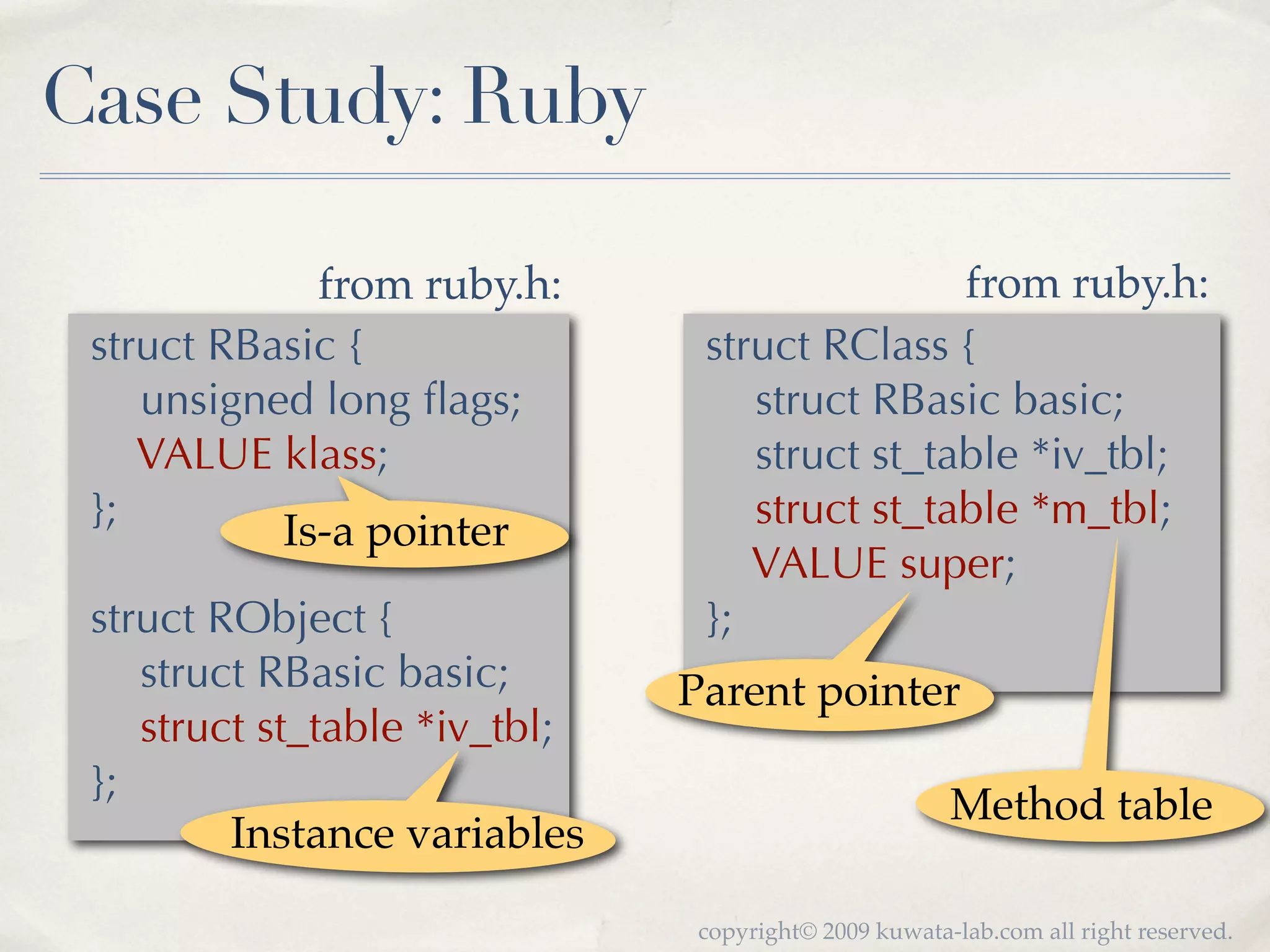 Case Study: Ruby

             from ruby.h:                      from ruby.h:
 struct RBasic {                struct RClass {
    unsigned long ﬂags;            struct RBasic basic;
    VALUE klass;                   struct st_table *iv_tbl;
 };                                struct st_table *m_tbl;
           Is-a pointer
                                   VALUE super;
 struct RObject {               };
    struct RBasic basic;       Parent pointer
    struct st_table *iv_tbl;
 };
                                                       Method table
         Instance variables

                                copyright© 2009 kuwata-lab.com all right reserved.
 