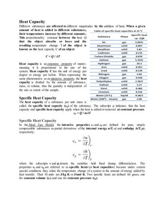 Heat Capacity
Different substances are affected to different magnitudes by the addition of heat. When a given
amount of heat is added to different substances,
their temperatures increase by different amounts.
This proportionality constant between the heat Q
that the object absorbs or loses and the
resulting temperature change T of the object is
known as the heat capacity C of an object.
C = Q / ΔT
Heat capacity is an extensive property of matter,
meaning it is proportional to the size of the
system. Heat capacity C has the unit of energy per
degree or energy per kelvin. When expressing the
same phenomenon as an intensive property, the heat
capacity is divided by the amount of substance,
mass, or volume, thus the quantity is independent of
the size or extent of the sample.
Specific Heat Capacity
The heat capacity of a substance per unit mass is
called the specific heat capacity (cp) of the substance. The subscript p indicates that the heat
capacity and specific heat capacity apply when the heat is added or removed at constant pressure.
cp = Q / mΔT
Specific Heat Capacity
In the Ideal Gas Model, the intensive properties cv and cp are defined for pure, simple
compressible substances as partial derivatives of the internal energy u(T, v) and enthalpy h(T, p),
respectively:
where the subscripts v and p denote the variables held fixed during differentiation. The
properties cv and cp are referred to as specific heats (or heat capacities) because under certain
special conditions they relate the temperature change of a system to the amount of energy added by
heat transfer. Their SI units are J/kg K or J/mol K. Two specific heats are defined for gases, one
for constant volume (cv) and one for constant pressure (cp).
 