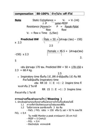 compensation 80-100% ทั่วๆไปจะ off ก็ได้
Note Static Compliance = VT = VT (ml)
P pplat-PEEP
Resistance (Airway)= P = Ppeak-Pplat
flow flow
VT = flow x Time (L/Sec)
Predicted BW : Male = 50 + (ส่วนสูง (ซม) – 150)
x 2.3
2.5
Female = 45.5 + (ส่วนสูง(ซม)
-150) x 2.3
2.
5
เช่น ผู้ชายสูง 170 ซม. Predicted BW = 50 + 170-150 x
2.3 = 68.4 kg.
2.5
• Inspiratory time ขึ้นกับ I:E ,RR ถ้ามีปุ่มปรับ I:E กับ RR
ก็จะไม่มีปุ่มปรับ Inspiratory time
เช่น RR 10 I : E =1 : 2 Inspire time ก็
จะเท่ากับ 2 วินาที
RR 15 I : E =1 : 3 Inspire time
ก็จะเท่ากับ 1 วินาที
การหย่าเครื่องช่วยหายใจ ( Weaning )
1. ประเมินผู้ป่วยก่อนเริ่มหย่าเครื่องช่วยหายใจในเรื่องดังต่อไปนี้
1.1 ภาวะที่ทำาให้เกิดระบบหายใจล้มเหลวดีขึ้น
1.2 ไม่มีภาวะขาด ออกซิเจนทั้ง 3 ข้อ คือ
- PaO2 / FiO2 ratio > 150 หรือ O2 sat > 92 % ขณะใช้
FiO2 < 0.4
ใน กรณีมี Monitor p peak ควรน้อยกว่า 20 cm H2O
- PEEP < 5 CmH2O
- FiO2 < 0.4
- Electrolyte ควรจะปกติ
 