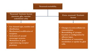 Neuronal excitability
Extra- neuronal/ Extrinsic
factors
Neuronal/ Intrinsic factors
(neurons, glia, vascular
endothelial cells)
• Changes in extra-cellular ion
concentration.
• Remodelling of synapse
location or configuration by
afferent input.
• Modulation of transmitter
metabolism or uptake by glial
cells.
• Ion channel type, number and
distribution.
• Biochemical modification of
receptors.
• Activation of second
messenger systems.
• Modulation of gene
expression (eg receptor
proteins).
 