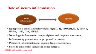 Role of neuro inflammation
• Epilepsy is a proinflammatory state: high IL-1β, HMGB1, IL-2, TNF-α,
IFN-α, IL-17, IL-6, NF-kβ.
• Neurologic inflammation can precipitate and perpetuate seizures.
• Inflammatory process can be peripheral or central.
• Persistent inflammation can explain drug refractoriness.
• Steroids can control seizures in some patients.
HMGB1: high mobility group box 1
Neuro
inflammation
Epilepsy
 
