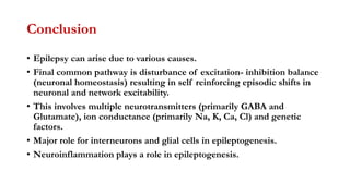 Conclusion
• Epilepsy can arise due to various causes.
• Final common pathway is disturbance of excitation- inhibition balance
(neuronal homeostasis) resulting in self reinforcing episodic shifts in
neuronal and network excitability.
• This involves multiple neurotransmitters (primarily GABA and
Glutamate), ion conductance (primarily Na, K, Ca, Cl) and genetic
factors.
• Major role for interneurons and glial cells in epileptogenesis.
• Neuroinflammation plays a role in epileptogenesis.
 