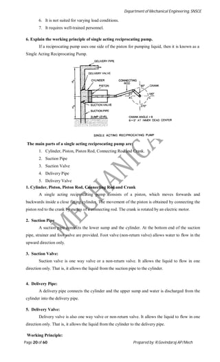Department of Mechanical Engineering, SNSCE
Page 20 of 60 Prepared by: R.Govindaraj AP/Mech
6. It is not suited for varying load conditions.
7. It requires well-trained personnel.
6. Explain the working principle of single acting reciprocating pump.
If a reciprocating pump uses one side of the piston for pumping liquid, then it is known as a
Single Acting Reciprocating Pump.
The main parts of a single acting reciprocating pump are:
1. Cylinder, Piston, Piston Rod, Connecting Rod and Crank.
2. Suction Pipe
3. Suction Valve
4. Delivery Pipe
5. Delivery Valve
1. Cylinder, Piston, Piston Rod, Connecting Rod and Crank
A single acting reciprocating pump consists of a piston, which moves forwards and
backwards inside a close fitting cylinder. The movement of the piston is obtained by connecting the
piston rod to the crank by means of a connecting rod. The crank is rotated by an electric motor.
2. Suction Pipe
A suction pipe connects the lower sump and the cylinder. At the bottom end of the suction
pipe, strainer and foot valve are provided. Foot valve (non-return valve) allows water to flow in the
upward direction only.
3. Suction Valve:
Suction valve is one way valve or a non-return valve. It allows the liquid to flow in one
direction only. That is, it allows the liquid from the suction pipe to the cylinder.
4. Delivery Pipe:
A delivery pipe connects the cylinder and the upper sump and water is discharged from the
cylinder into the delivery pipe.
5. Delivery Valve:
Delivery valve is also one way valve or non-return valve. It allows the liquid to flow in one
direction only. That is, it allows the liquid from the cylinder to the delivery pipe.
Working Principle:
 
