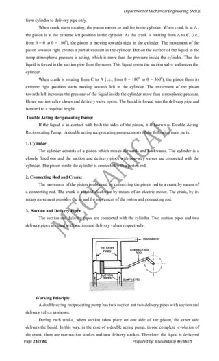 Department of Mechanical Engineering, SNSCE
Page 23 of 60 Prepared by: R.Govindaraj AP/Mech
form cylinder to delivery pipe only.
When crank starts rotating, the piston moves to and fro in the cylinder. When crank is at A.,
the piston is at the extreme left position in the cylinder. As the crank is rotating from A to C, (i.e.,
from θ = 0 to θ = 1800
), the piston is moving towards right in the cylinder. The movement of the
piston towards right creates a partial vacuum in the cylinder. But on the surface of the liquid in the
sump atmospheric pressure is acting, which is more than the pressure inside the cylinder. Thus the
liquid is forced in the suction pipe from the sump. This liquid opens the suction valve and enters the
cylinder.
When crank is rotating from C to A (i.e., from θ = 1800
to θ = 3600
), the piston from its
extreme right position starts moving towards left in the cylinder. The movement of the piston
towards left increases the pressure of the liquid inside the cylinder more than atmospheric pressure.
Hence suction valve closes and delivery valve opens. The liquid is forced into the delivery pipe and
is raised to a required height.
Double Acting Reciprocating Pump:
If the liquid is in contact with both the sides of the piston, it is known as Double Acting
Reciprocating Pump. A double acting reciprocating pump consists of the following main parts.
1. Cylinder:
The cylinder consists of a piston which moves forwards and backwards. The cylinder is a
closely fitted one and the suction and delivery pipes with one-way valves are connected with the
cylinder. The piston inside the cylinder is connected with a piston rod.
2. Connecting Rod and Crank:
The movement of the piston is obtained by connecting the piston rod to a crank by means of
a connecting rod. The crank is rotated clockwise by means of an electric motor. The crank, by its
rotary movement provides the to and fro movement of the piston and connecting rod.
3. Suction and Delivery Pipes:
The suction and delivery pipes are connected with the cylinder. Two suction pipes and two
delivery pipes are used with suction and delivery valves respectively.
Working Principle
A double acting reciprocating pump has two suction ant two delivery pipes with suction and
delivery valves as shown.
During each stroke, when suction takes place on one side of the piston, the other side
delivers the liquid. In this way, in the case of a double acting pump, in one complete revolution of
the crank, there are two suction strokes and two delivery strokes. Therefore, the liquid is delivered
 