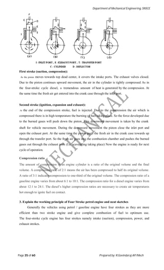 Department of Mechanical Engineering, SNSCE
Page 35 of 60 Prepared by: R.Govindaraj AP/Mech
First stroke (suction, compression):
As the piston moves towards top dead center, it covers the intake ports. The exhaust valves closed.
Due to the piston continues upward movement, the air in the cylinder is tightly compressed As in
the four-stroke cycle diesel, a tremendous amount of heat is generated by the compression. At
the same time the fresh air get entered into the crank case through the inlet port.
Second stroke (ignition, expansion and exhaust):
At the end of the compression stroke, fuel is injected. Due to the compression the air which is
compressed there is in high temperature the burning of fuel taking place. So the force developed due
to the burned gases will push down the piston. This downward movement is taken by the crank
shaft for vehicle movement. During the downward movement the piston close the inlet port and
open the exhaust port. At the same time the piston push the fresh air in the crank case towards up
through the transfer port. So the fresh air goes into the combustion chamber and pushes the burned
gases out through the exhaust port. (I.e. scavenging taking place) Now the engine is ready for next
cycle of operation.
Compression ratio
The amount of compression in an engine cylinder is a ratio of the original volume and the final
volume. A compression ratio of 2:1 means the air has been compressed to half its original volume.
A ratio of 3:1 indicates compression to one-third of the original volume. The compression ratio of a
gasoline engine varies from about 6:1 to 10:1. The compression ratio for a diesel engine varies from
about 12:1 to 24:1. The diesel’s higher compression ratios are necessary to create air temperatures
hot enough to ignite fuel on contact.
3. Explain the working principle of Four Stroke petrol engine and neat sketches
Generally the vehicles using petrol / gasoline engine have four strokes as they are more
efficient than two stroke engine and give complete combustion of fuel to optimum use.
The four-stroke cycle engine has four strokes namely intake (suction), compression, power, and
exhaust strokes.
 