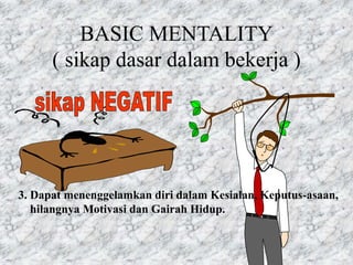 BASIC MENTALITY
( sikap dasar dalam bekerja )
3. Dapat menenggelamkan diri dalam Kesialan, Keputus-asaan,
hilangnya Motivasi dan Gairah Hidup.
 