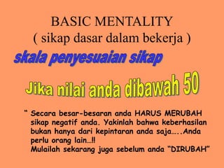BASIC MENTALITY
( sikap dasar dalam bekerja )
“ Secara besar-besaran anda HARUS MERUBAH
sikap negatif anda. Yakinlah bahwa keberhasilan
bukan hanya dari kepintaran anda saja…..Anda
perlu orang lain…!!
Mulailah sekarang juga sebelum anda “DIRUBAH”
 