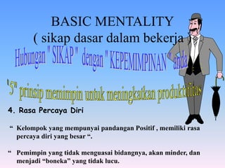 BASIC MENTALITY
( sikap dasar dalam bekerja )
4. Rasa Percaya Diri
“ Kelompok yang mempunyai pandangan Positif , memiliki rasa
percaya diri yang besar “.
“ Pemimpin yang tidak menguasai bidangnya, akan minder, dan
menjadi “boneka” yang tidak lucu.
 