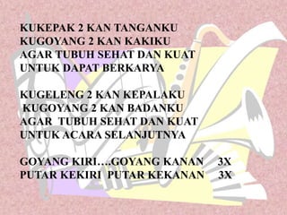 KUKEPAK 2 KAN TANGANKU
KUGOYANG 2 KAN KAKIKU
AGAR TUBUH SEHAT DAN KUAT
UNTUK DAPAT BERKARYA
KUGELENG 2 KAN KEPALAKU
KUGOYANG 2 KAN BADANKU
AGAR TUBUH SEHAT DAN KUAT
UNTUK ACARA SELANJUTNYA
GOYANG KIRI….GOYANG KANAN 3X
PUTAR KEKIRI PUTAR KEKANAN 3X
 