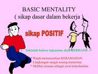 BASIC MENTALITY
( sikap dasar dalam bekerja )
1. Yakinlah bahwa tujuanmu akan BERHASIL :
* Wajah memancarkan KERAMAHAN
* Lingkungan sangat senang menerima
* Melihat sesuatu sebagai awal keberhasilan
 