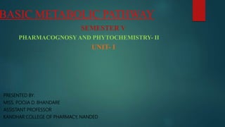 BASIC METABOLIC PATHWAY
SEMESTER V
PHARMACOGNOSY AND PHYTOCHEMISTRY- II
UNIT- I
PRESENTED BY:
MISS. POOJA D. BHANDARE
ASSISTANT PROFESSOR
KANDHAR COLLEGE OF PHARMACY, NANDED
 
