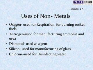 Uses of Non- Metals
• Oxygen- used for Respiration, for burning rocket
fuels.
• Nitrogen-used for manufacturing ammonia and
urea
• Diamond- used as a gem
• Silicon- used for manufacturing of glass
• Chlorine-used for Disinfecting water
12
Module: 1-7
 