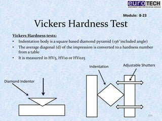 Vickers Hardness Test
Vickers Hardness tests:
• Indentation body is a square based diamond pyramid (136˚included angle)
• The average diagonal (d) of the impression is converted to a hardness number
from a table
• It is measured in HV5, HV10 or HV025
Diamond Indentor
Adjustable ShuttersIndentation
124
Module: 8-23
 