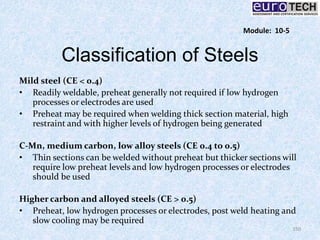 Classification of Steels
Mild steel (CE < 0.4)
• Readily weldable, preheat generally not required if low hydrogen
processes or electrodes are used
• Preheat may be required when welding thick section material, high
restraint and with higher levels of hydrogen being generated
C-Mn, medium carbon, low alloy steels (CE 0.4 to 0.5)
• Thin sections can be welded without preheat but thicker sections will
require low preheat levels and low hydrogen processes or electrodes
should be used
Higher carbon and alloyed steels (CE > 0.5)
• Preheat, low hydrogen processes or electrodes, post weld heating and
slow cooling may be required
150
Module: 10-5
 