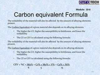 Carbon equivalent Formula
The weldability of the material will also be affected by the amount of alloying elements
present.
The Carbon Equivalent of a given material also depends on its alloying elements
• The higher the CE, higher the susceptibility to brittleness, and lower the
weldability
• The CE or CEV is calculated using the following formula:
The weldability of the material will also be affected by the amount of alloying elements
present.
The Carbon Equivalent of a given material also depends on its alloying elements
• The higher the CE, higher the susceptibility to brittleness, and lower the
weldability
• The CE or CEV is calculated using the following formula:
151
Module: 10-6
CEV = %C + Mn% + Cr% + Mo% + V% + Cu% + Ni%
6 5 15
 