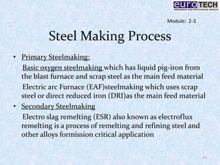 Steel Making Process
• Primary Steelmaking:
Basic oxygen steelmaking which has liquid pig-iron from
the blast furnace and scrap steel as the main feed material
Electric arc Furnace (EAF)steelmaking which uses scrap
steel or direct reduced iron (DRI)as the main feed material
• Secondary Steelmaking
Electro slag remelting (ESR) also known as electroflux
remelting is a process of remelting and refining steel and
other alloys formission critical application
21
Module: 2-3
 