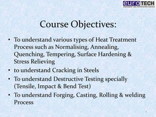 Course Objectives:
• To understand various types of Heat Treatment
Process such as Normalising, Annealing,
Quenching, Tempering, Surface Hardening &
Stress Relieving
• to understand Cracking in Steels
• To understand Destructive Testing specially
(Tensile, Impact & Bend Test)
• To understand Forging, Casting, Rolling & welding
Process
3
 