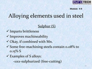 Alloying elements used in steel
Sulphur (S)
 Imparts brittleness
 Improves machineability
 Okay, if combined with Mn.
 Some free-machining steels contain 0.08% to
0.15% S
 Examples of S alloys:
-11xx-sulphurized (free-cutting)
53
Module: 4-9
 