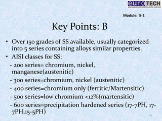 Key Points: B
• Over 150 grades of SS available, usually categorized
into 5 series containing alloys similar properties.
• AISI classes for SS:
- 200 series= chromium, nickel,
manganese(austenitic)
- 300 series=chromium, nickel (austenitic)
- 400 series=chromium only (ferritic/Martensitic)
- 500 series=low chromium <12%(martensitic)
- 600 series=precipitation hardened series (17-7PH, 17-
7PH,15-5PH) 63
Module: 5-2
 