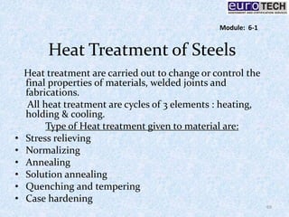 Heat Treatment of Steels
Heat treatment are carried out to change or control the
final properties of materials, welded joints and
fabrications.
All heat treatment are cycles of 3 elements : heating,
holding & cooling.
Type of Heat treatment given to material are:
• Stress relieving
• Normalizing
• Annealing
• Solution annealing
• Quenching and tempering
• Case hardening
69
Module: 6-1
 