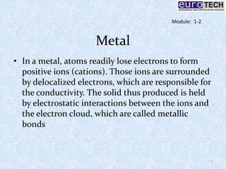 Metal
• In a metal, atoms readily lose electrons to form
positive ions (cations). Those ions are surrounded
by delocalized electrons, which are responsible for
the conductivity. The solid thus produced is held
by electrostatic interactions between the ions and
the electron cloud, which are called metallic
bonds
7
Module: 1-2
 