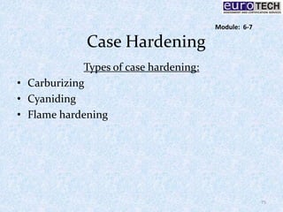 Case Hardening
Types of case hardening:
• Carburizing
• Cyaniding
• Flame hardening
75
Module: 6-7
 