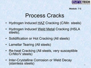 Process Cracks
• Hydrogen Induced HAZ Cracking (C/Mn steels)
• Hydrogen Induced Weld Metal Cracking (HSLA
steels).
• Solidification or Hot Cracking (All steels)
• Lamellar Tearing (All steels)
• Re-heat Cracking (All steels, very susceptible
Cr/Mo/V steels)
• Inter-Crystalline Corrosion or Weld Decay
(stainless steels) 82
Module: 7-2
 