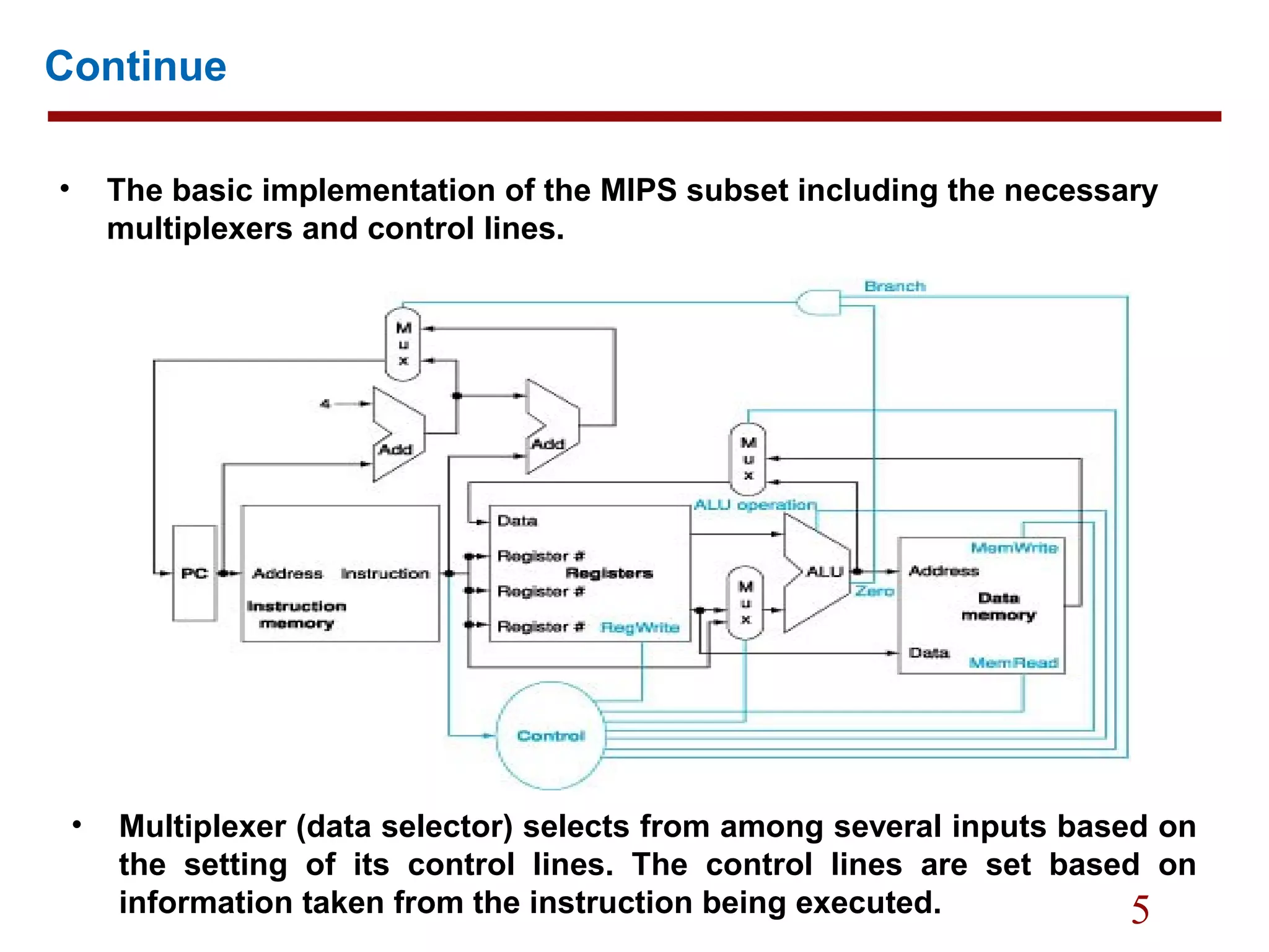 5
Continue
• The basic implementation of the MIPS subset including the necessary
multiplexers and control lines.
• Multiplexer (data selector) selects from among several inputs based on
the setting of its control lines. The control lines are set based on
information taken from the instruction being executed.
 
