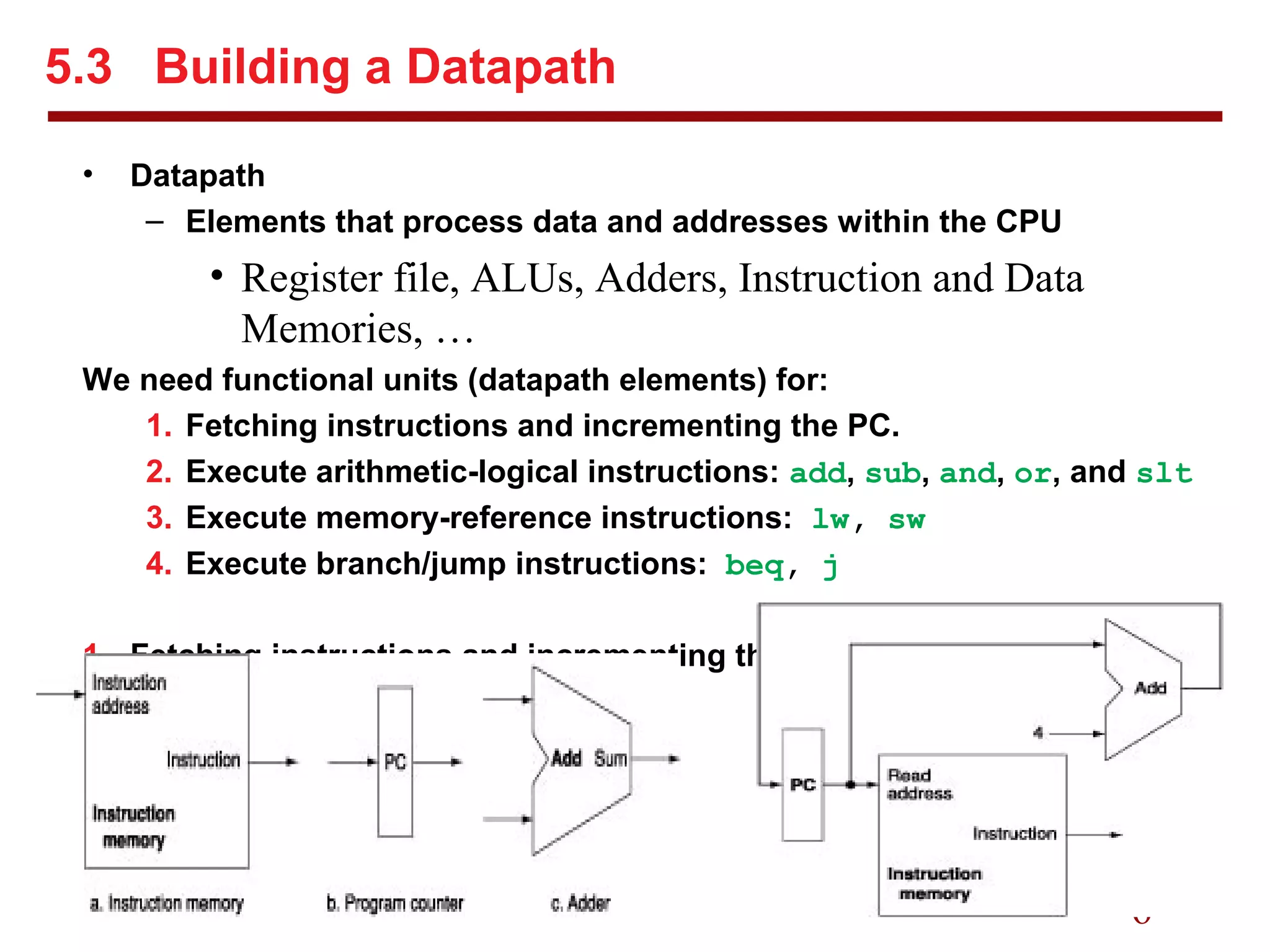 6
5.3 Building a Datapath
• Datapath
– Elements that process data and addresses within the CPU
• Register file, ALUs, Adders, Instruction and Data
Memories, …
We need functional units (datapath elements) for:
1. Fetching instructions and incrementing the PC.
2. Execute arithmetic-logical instructions: add, sub, and, or, and slt
3. Execute memory-reference instructions: lw, sw
4. Execute branch/jump instructions: beq, j
1. Fetching instructions and incrementing the PC.
 