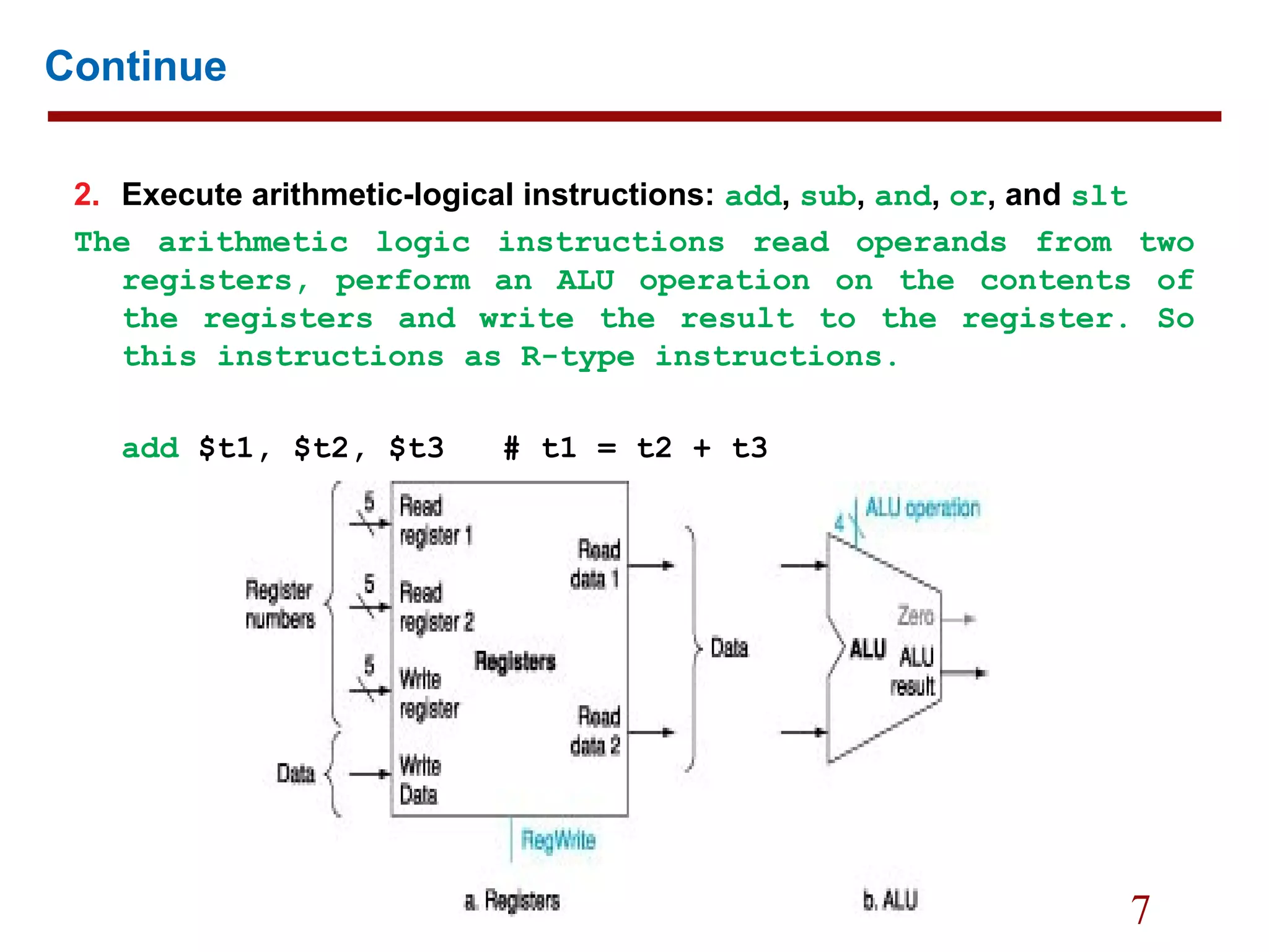 7
Continue
2. Execute arithmetic-logical instructions: add, sub, and, or, and slt
The arithmetic logic instructions read operands from two
registers, perform an ALU operation on the contents of
the registers and write the result to the register. So
this instructions as R-type instructions.
add $t1, $t2, $t3 # t1 = t2 + t3
 