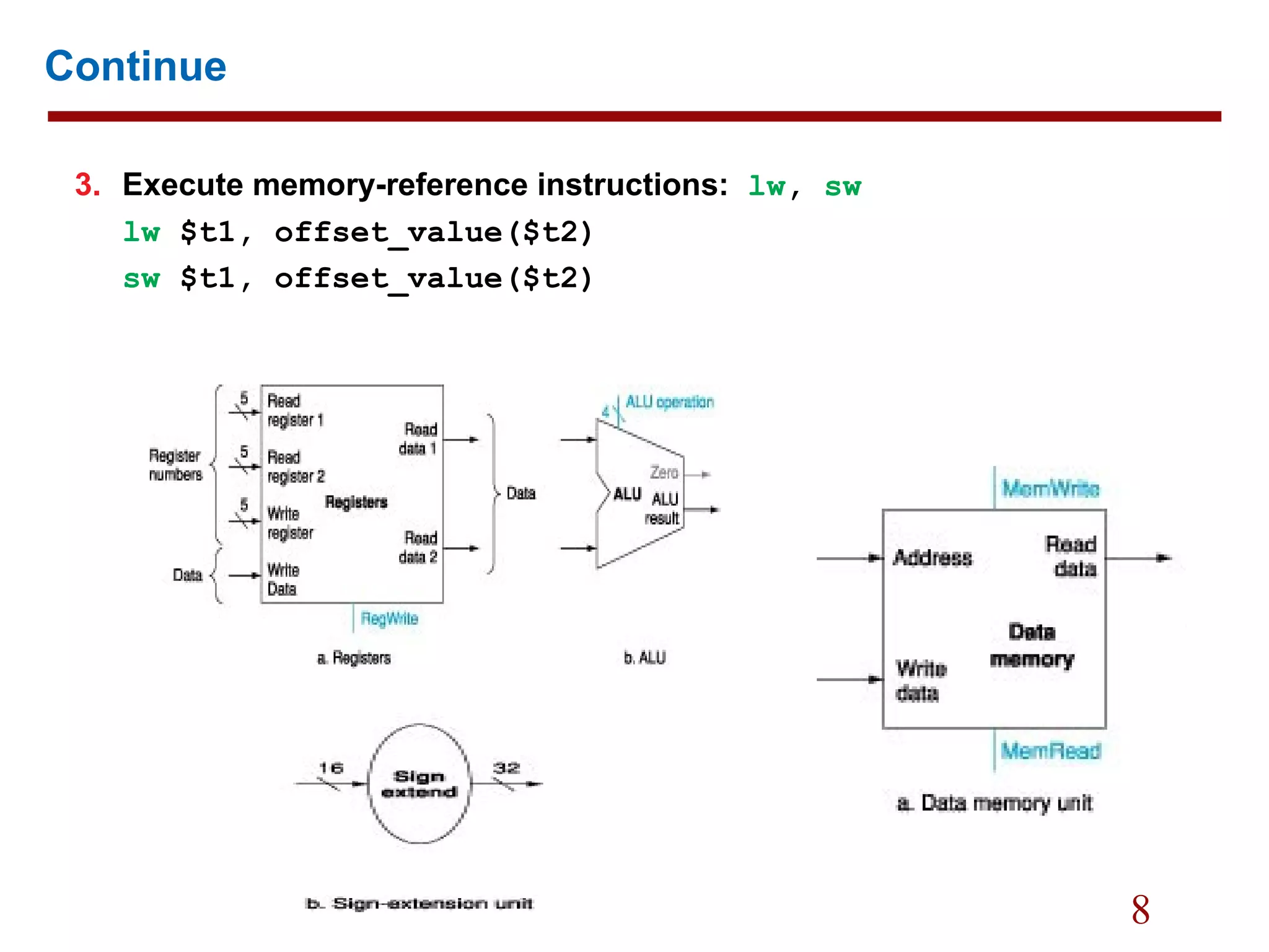 8
Continue
3. Execute memory-reference instructions: lw, sw
lw $t1, offset_value($t2)
sw $t1, offset_value($t2)
 