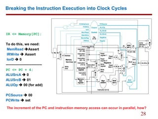 28
Breaking the Instruction Execution into Clock Cycles
IR <= Memory[PC];
To do this, we need:
MemRead Assert
IRWrite  Assert
IorD  0
-------------------------------
PC <= PC + 4;
ALUSrcA  0
ALUSrcB  01
ALUOp  00 (for add)
PCSource  00
PCWrite  set
The increment of the PC and instruction memory access can occur in parallel, how?
 