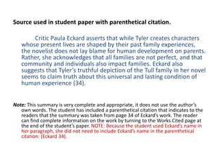 Source used in student paper with parenthetical citation.

        Critic Paula Eckard asserts that while Tyler creates characters
   whose present lives are shaped by their past family experiences,
   the novelist does not lay blame for human development on parents.
   Rather, she acknowledges that all families are not perfect, and that
   community and individuals also impact families. Eckard also
   suggests that Tyler’s truthful depiction of the Tull family in her novel
   seems to claim truth about this universal and lasting condition of
   human experience (34).


Note: This summary is very complete and appropriate, it does not use the author’s
   own words. The student has included a parenthetical citation that indicates to the
   readers that the summary was taken from page 34 of Eckard’s work. The reader
   can find complete information on the work by turning to the Works Cited page at
   the end of the student’s paper. NOTE: Because the student used Eckard’s name in
   her paragraph, she did not need to include Eckard’s name in the parenthetical
   citation: (Eckard 34).
 