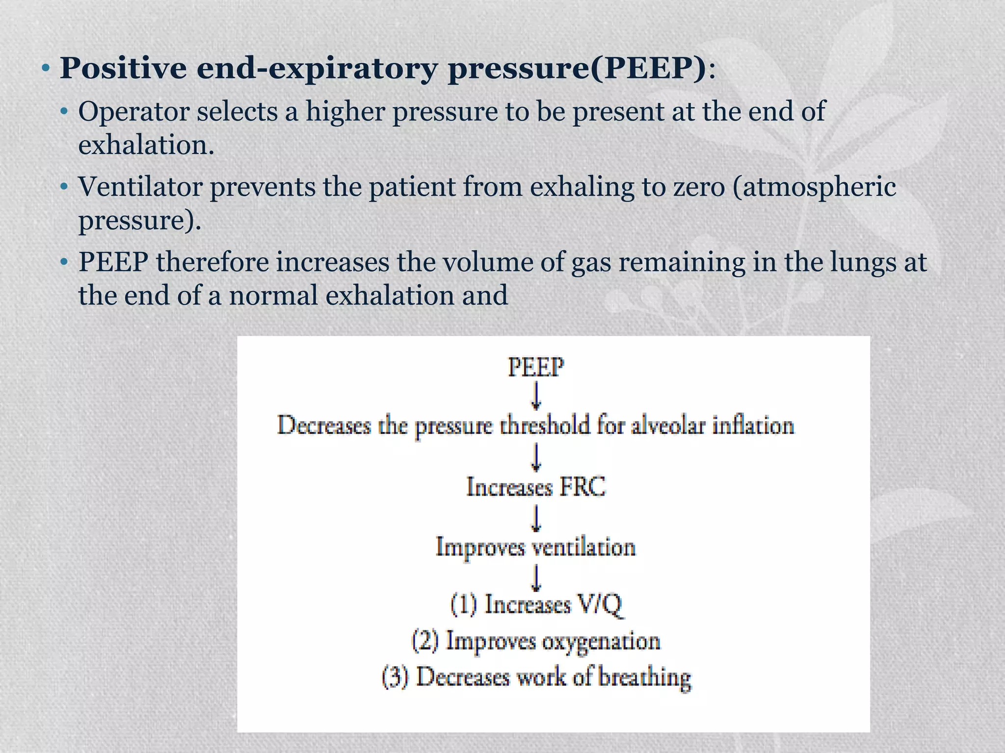 • Positive end-expiratory pressure(PEEP):
• Operator selects a higher pressure to be present at the end of
exhalation.
• Ventilator prevents the patient from exhaling to zero (atmospheric
pressure).
• PEEP therefore increases the volume of gas remaining in the lungs at
the end of a normal exhalation and
 