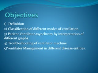 1) Definition
2) Classification of different modes of ventilation
3) Patient Ventilator asynchrony by interpretation of
different graphs.
4) Troubleshooting of ventilator machine.
5)Ventilator Management in different disease entities.
 