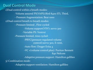 1)Dual control within a breath modes:
-Volume assured PS(VAPS):Bird 8400 STi, Tbird,
- Pressure Augmentation: Bear 1000
2)Dual control breath to breath modes:
- Pressure limited , Flow cycled
-Volume support(VSV): servo 300
-Variable PS: Ventrui
-Pressure limited, time cycled:
-PRVC(pressure regulated volume
control):servo 300, E-vent,
-Auto flow: Drager Evita 4
-VC +(volume control plus): Puritan Bennett
840 Nelcore
-Adaptive pressure support: Hamilton gallileo
3) Combination mode:
-Adaptive support ventilation: Hamilton gallileo
 