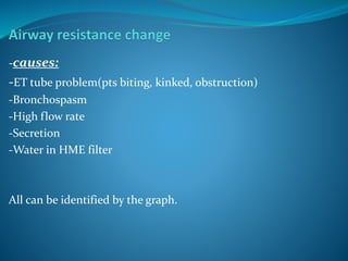 -causes:
-ET tube problem(pts biting, kinked, obstruction)
-Bronchospasm
-High flow rate
-Secretion
-Water in HME filter
All can be identified by the graph.
 