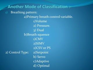 1) Breathing pattern:
a)Primary breath control variable.
1)Volume
2) Pressure.
3) Dual
b)Breath squence
1)CMV
2)SIMV
2)CSV or PS
2) Control Type: a)Setpoint
b) Servo
c)Adaptive
d) Optimal
 