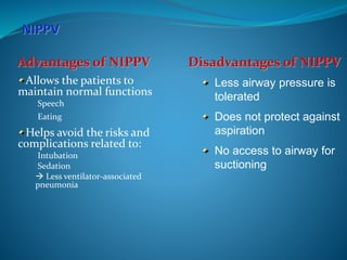 Allows the patients to
maintain normal functions
•Speech
•Eating
Helps avoid the risks and
complications related to:
•Intubation
•Sedation
 Less ventilator-associated
pneumonia
Less airway pressure is
tolerated
Does not protect against
aspiration
No access to airway for
suctioning
Advantages of NIPPV Disadvantages of NIPPV
 