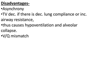 Disadvantages-
•Asynchrony
•TV dec. if there is dec. lung compliance or inc.
airway resistance,
•thus causes hypoventilation and alveolar
collapse.
•V/Q mismatch
 