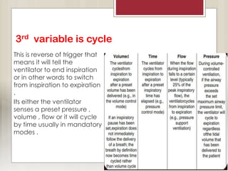3rd variable is cycle
This is reverse of trigger that
means it will tell the
ventilator to end inspiration
or in other words to switch
from inspiration to expiration
.
Its either the ventilator
senses a preset pressure ,
volume , flow or it will cycle
by time usually in mandatory
modes .
 