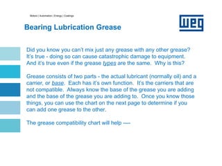 Motors | Automation | Energy | Coatings
Bearing Lubrication Grease
Did you know you can’t mix just any grease with any other grease?
It’s true - doing so can cause catastrophic damage to equipment.
And it’s true even if the grease types are the same. Why is this?
Grease consists of two parts - the actual lubricant (normally oil) and a
carrier, or base. Each has it’s own function. It’s the carriers that are
not compatible. Always know the base of the grease you are adding
and the base of the grease you are adding to. Once you know those
things, you can use the chart on the next page to determine if you
can add one grease to the other.
The grease compatibility chart will help ----
 