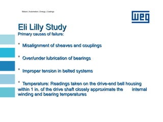Motors | Automation | Energy | Coatings
Eli Lilly Study
Eli Lilly Study
Primary causes of failure:
Primary causes of failure:
• Misalignment of sheaves and couplings
Misalignment of sheaves and couplings
• Over/under lubrication of bearings
Over/under lubrication of bearings
• Improper tension in belted systems
Improper tension in belted systems
• Temperature: Readings taken on the drive-end bell housing
Temperature: Readings taken on the drive-end bell housing
within 1 in. of the drive shaft closely approximate the
within 1 in. of the drive shaft closely approximate the internal
internal
winding and bearing temperatures
winding and bearing temperatures
 