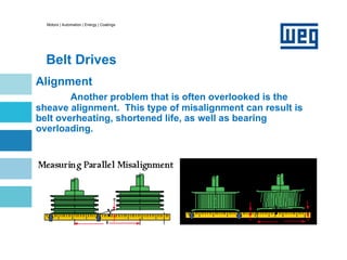 Motors | Automation | Energy | Coatings
Belt Drives
Alignment
Another problem that is often overlooked is the
sheave alignment. This type of misalignment can result is
belt overheating, shortened life, as well as bearing
overloading.
 