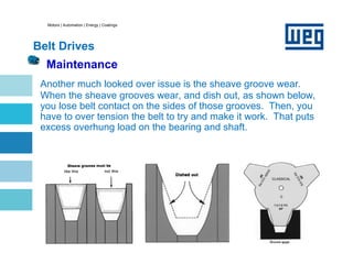 Motors | Automation | Energy | Coatings
Belt Drives
Maintenance
Another much looked over issue is the sheave groove wear.
When the sheave grooves wear, and dish out, as shown below,
you lose belt contact on the sides of those grooves. Then, you
have to over tension the belt to try and make it work. That puts
excess overhung load on the bearing and shaft.
 