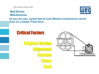 Motors | Automation | Energy | Coatings
Belt Drives
Maintenance
As you can see, a great deal of cost effective maintenance can be
done on a simple V-belt drive.
Critical Factors
Original Design
Alignment
Tension
Clean
Cool
 