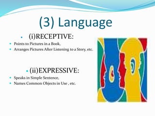 (3) Language
 (i)RECEPTIVE:
 Points to Pictures in a Book,
 Arranges Pictures After Listening to a Story, etc.
 (ii)EXPRESSIVE:
 Speaks in Simple Sentence,
 Names Common Objects in Use , etc.
 